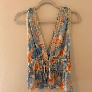 Floral Lace-Trim Blue & Peach V-Neck Tank
